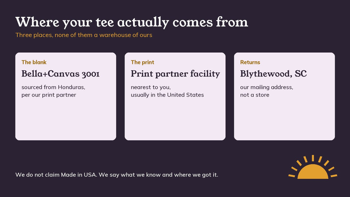 Three places a Stylesolen tee comes from: the blank, the print facility, and the address in Blythewood, SC