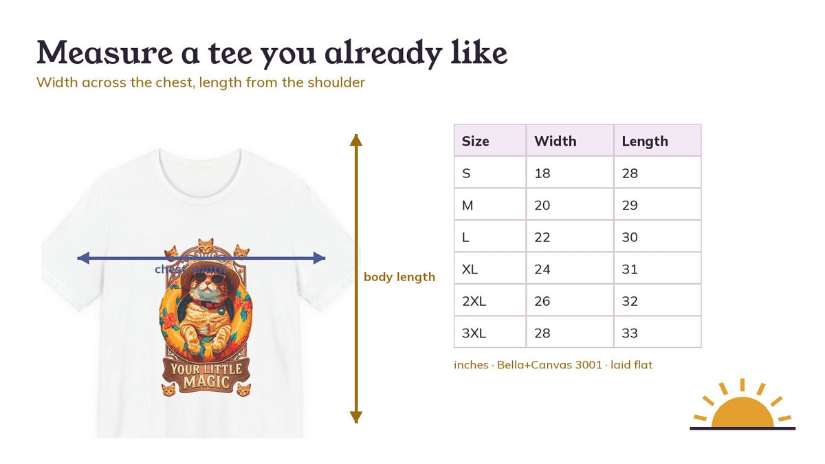 How to measure a tee: chest width and body length arrows on a white tee, with the Bella+Canvas 3001 size table