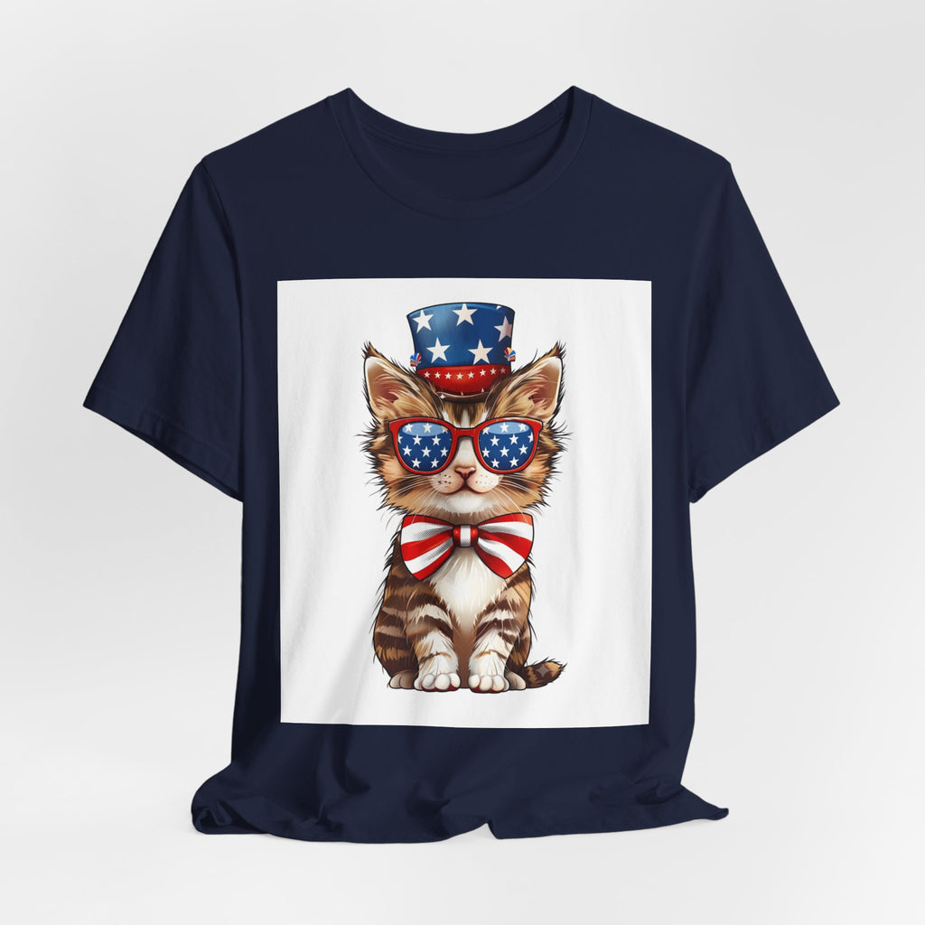 Patriotic Kitty Tee — American Flag Cat with Sunglasses & Bow