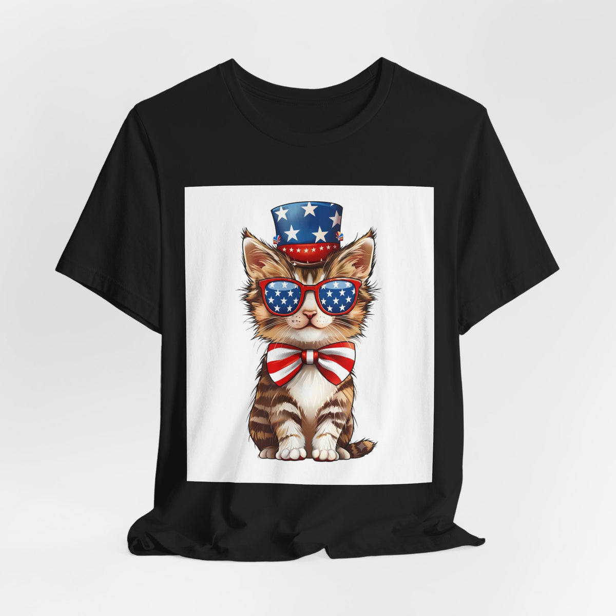Patriotic Kitty Tee — American Flag Cat with Sunglasses & Bow