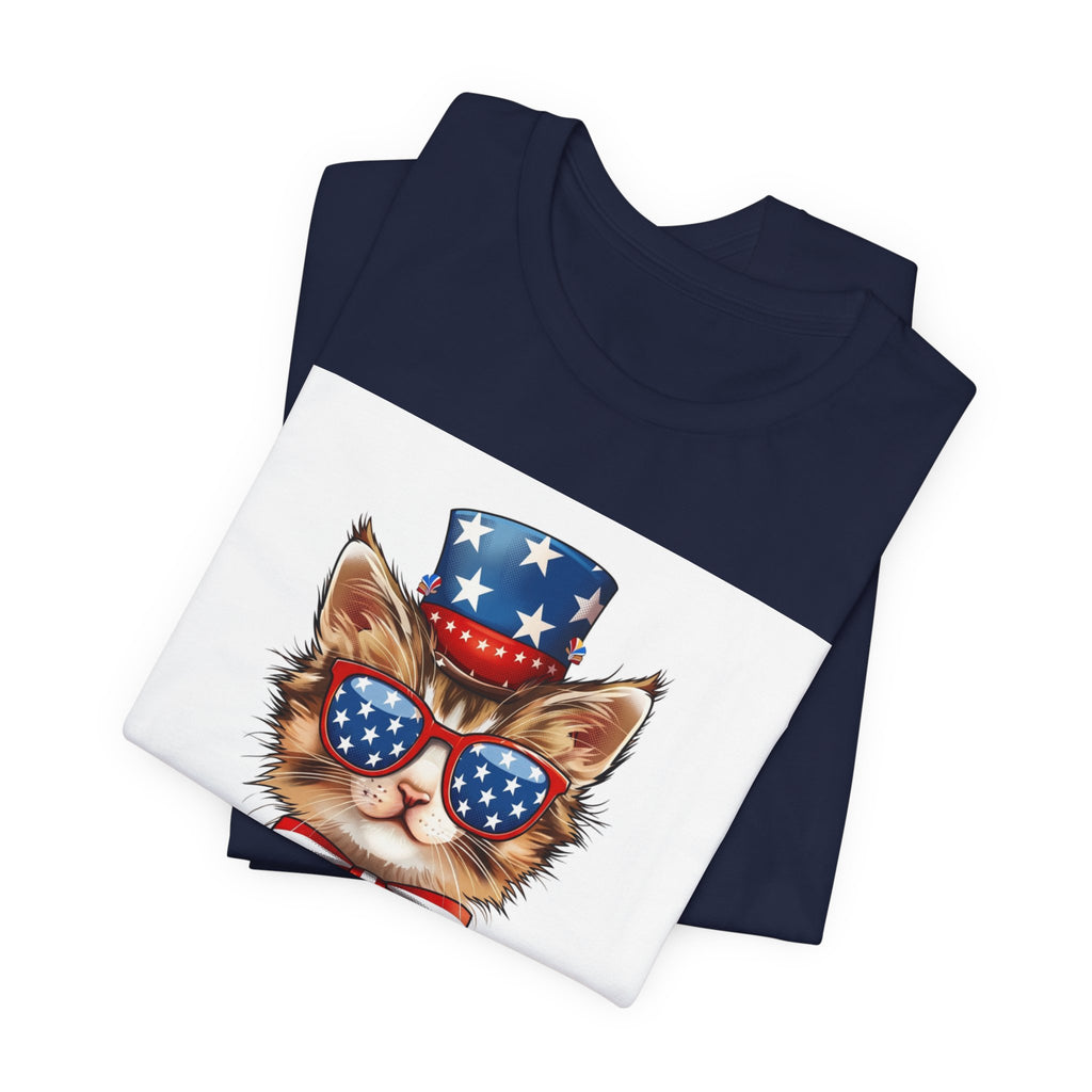 Patriotic Kitty Tee — American Flag Cat with Sunglasses & Bow