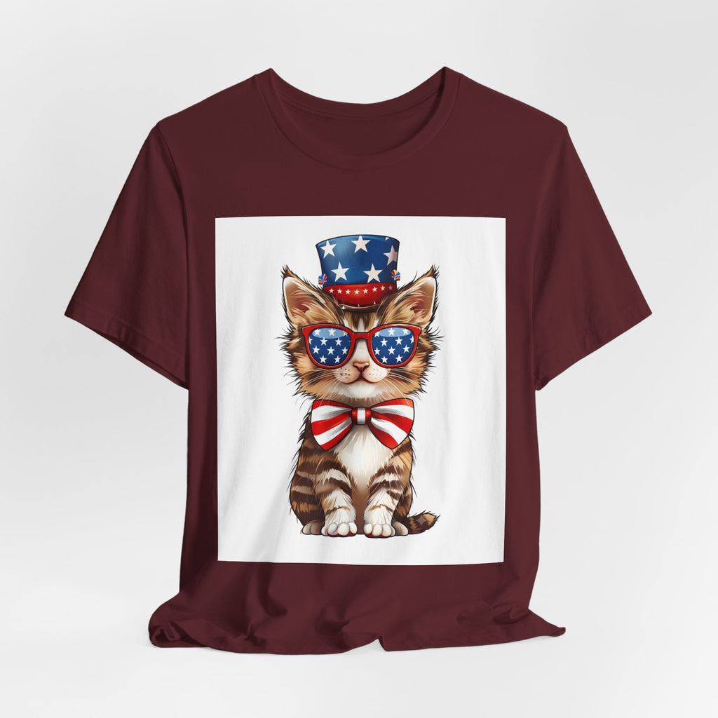 Patriotic Kitty Tee — American Flag Cat with Sunglasses & Bow