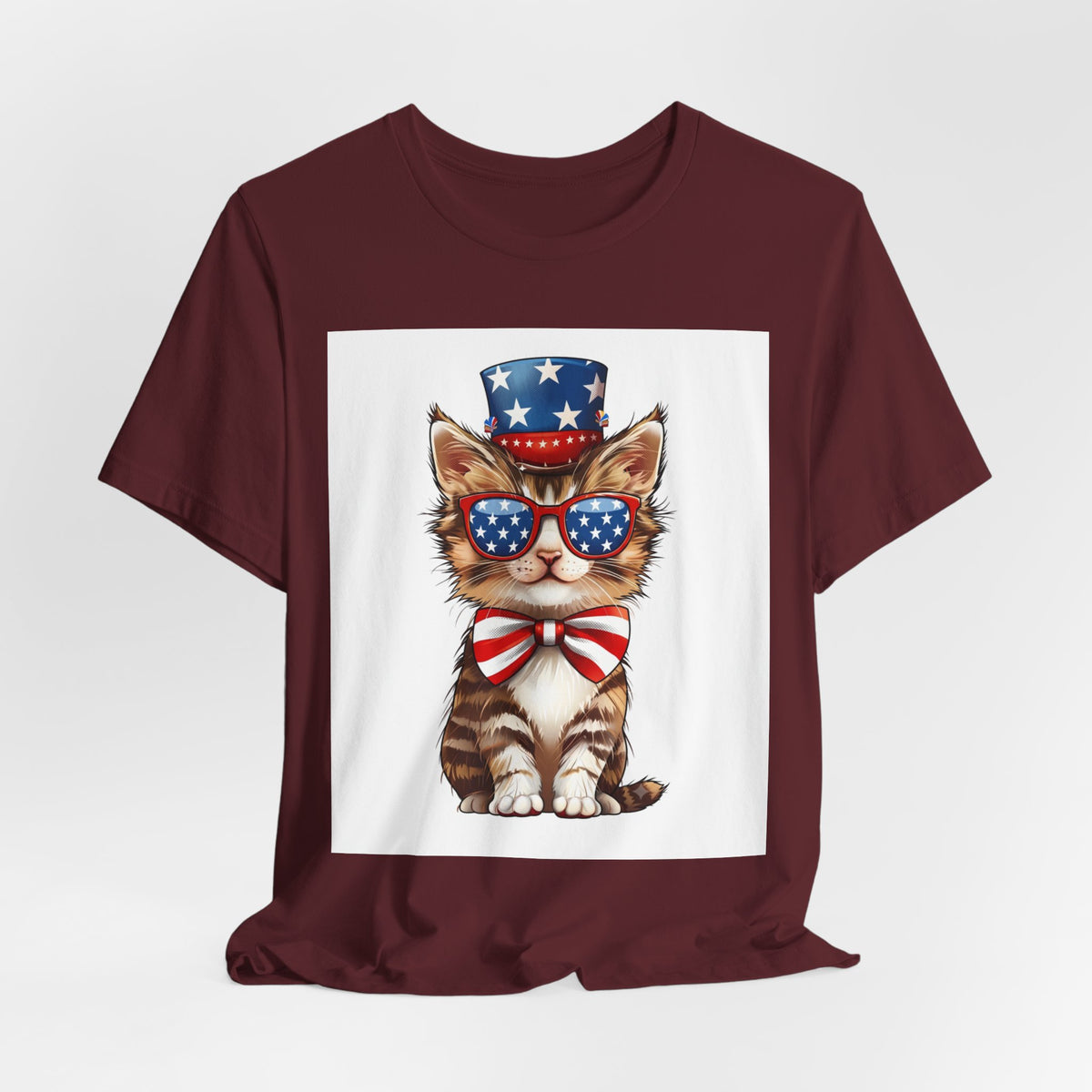 Patriotic Kitty Tee — American Flag Cat with Sunglasses & Bow