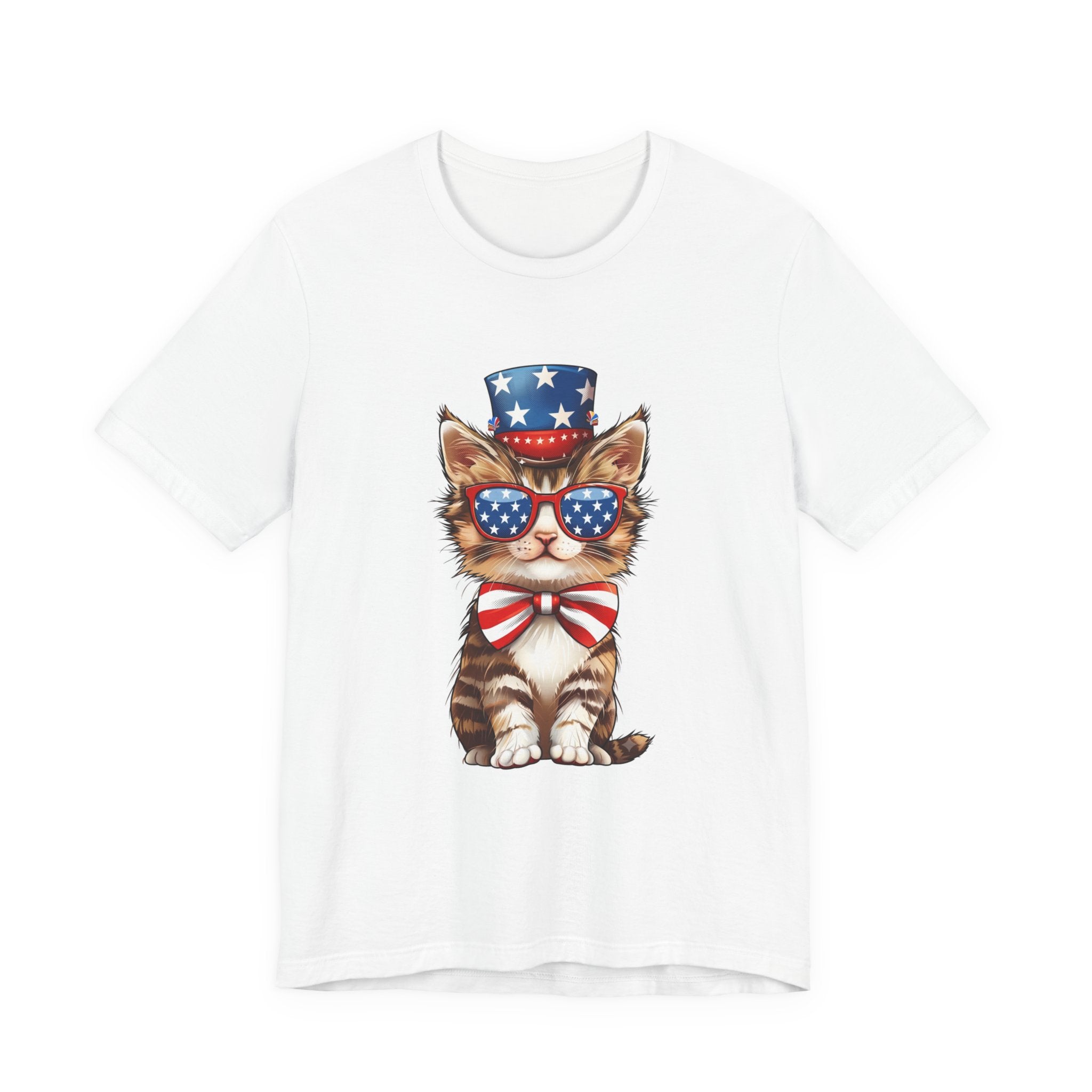 Patriotic Kitty Tee — American Flag Cat with Sunglasses & Bow