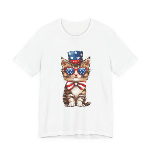 Patriotic Kitty Stars and Stripes Kitten T-Shirt in White, front view