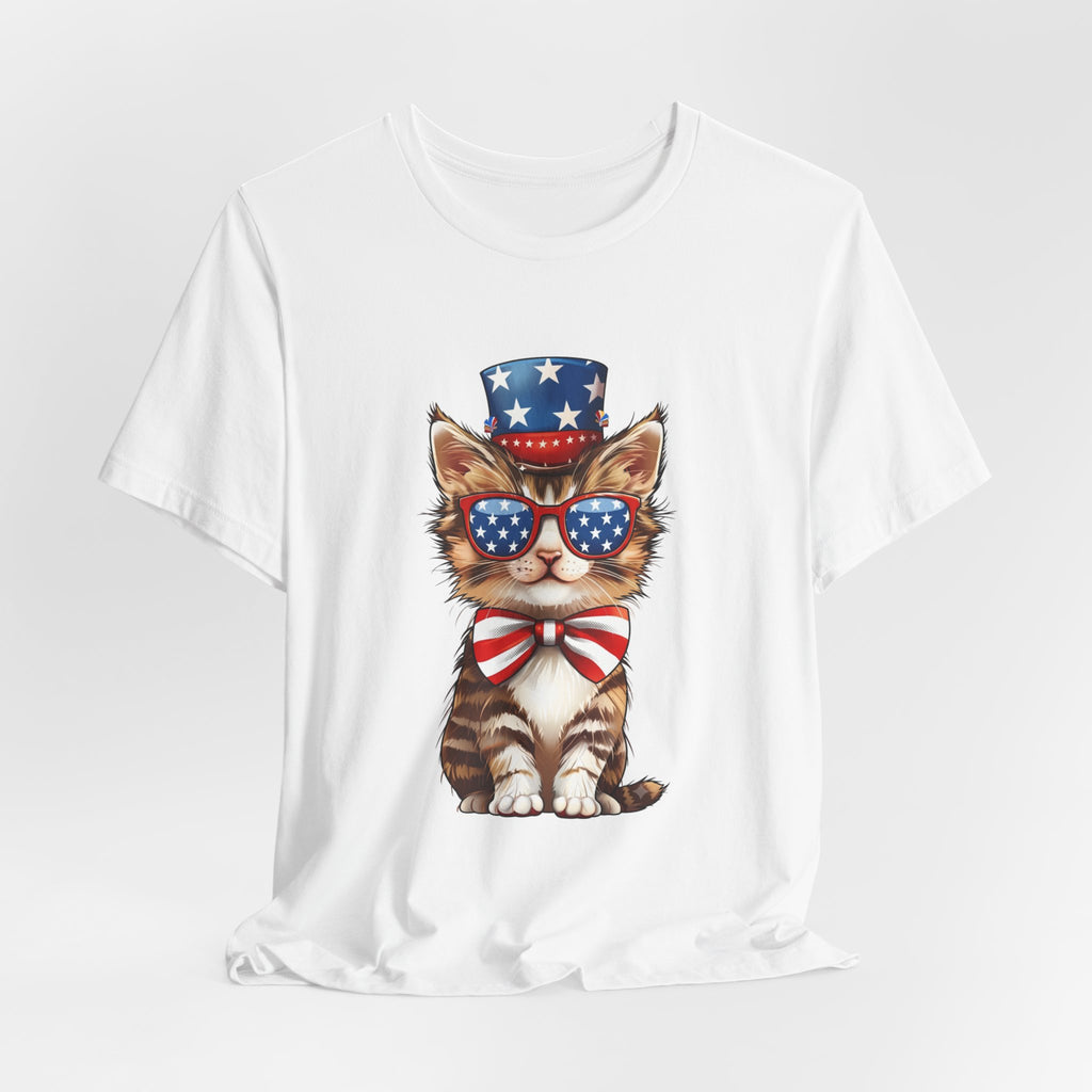 Patriotic Kitty Tee — American Flag Cat with Sunglasses & Bow