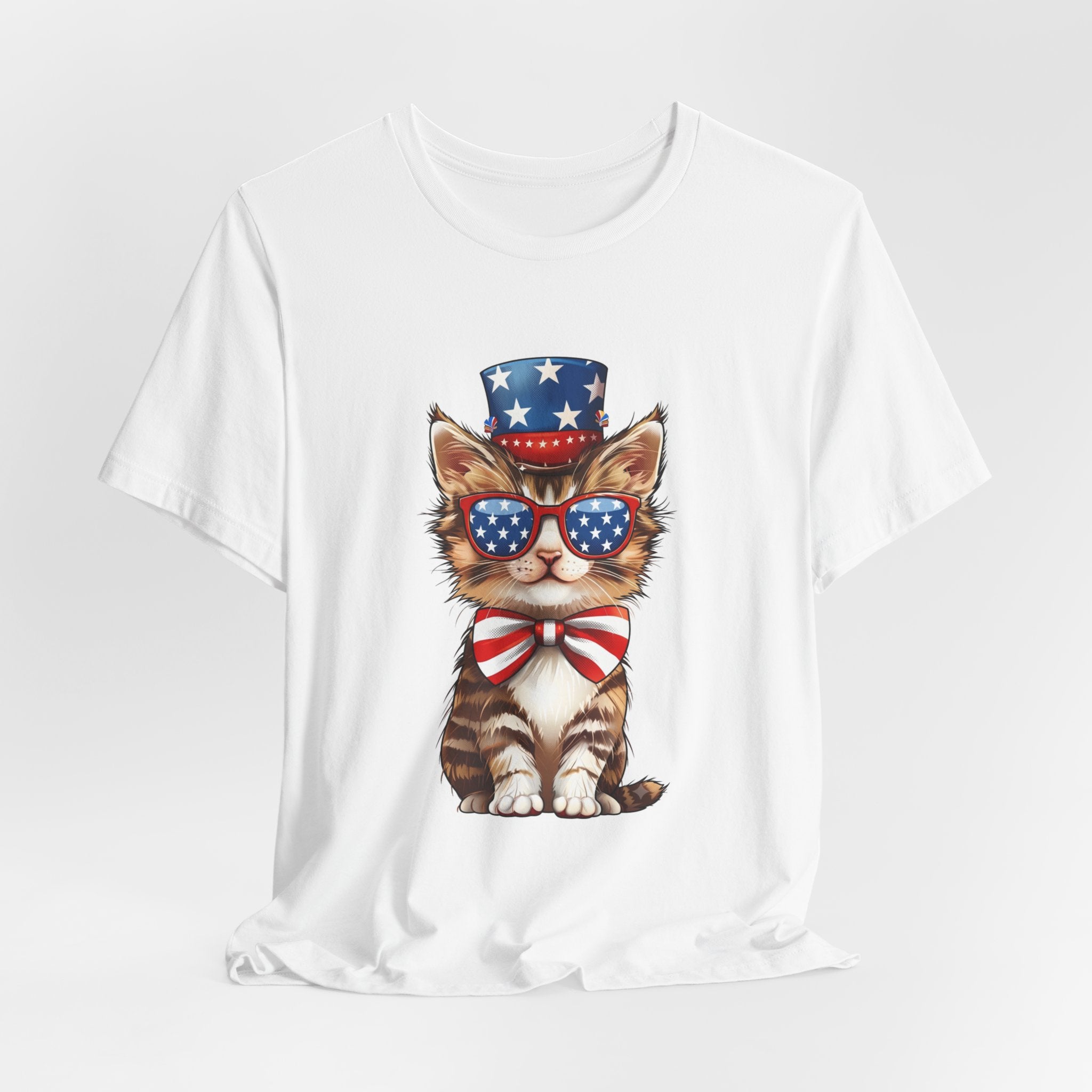 Patriotic Kitty Tee — American Flag Cat with Sunglasses & Bow