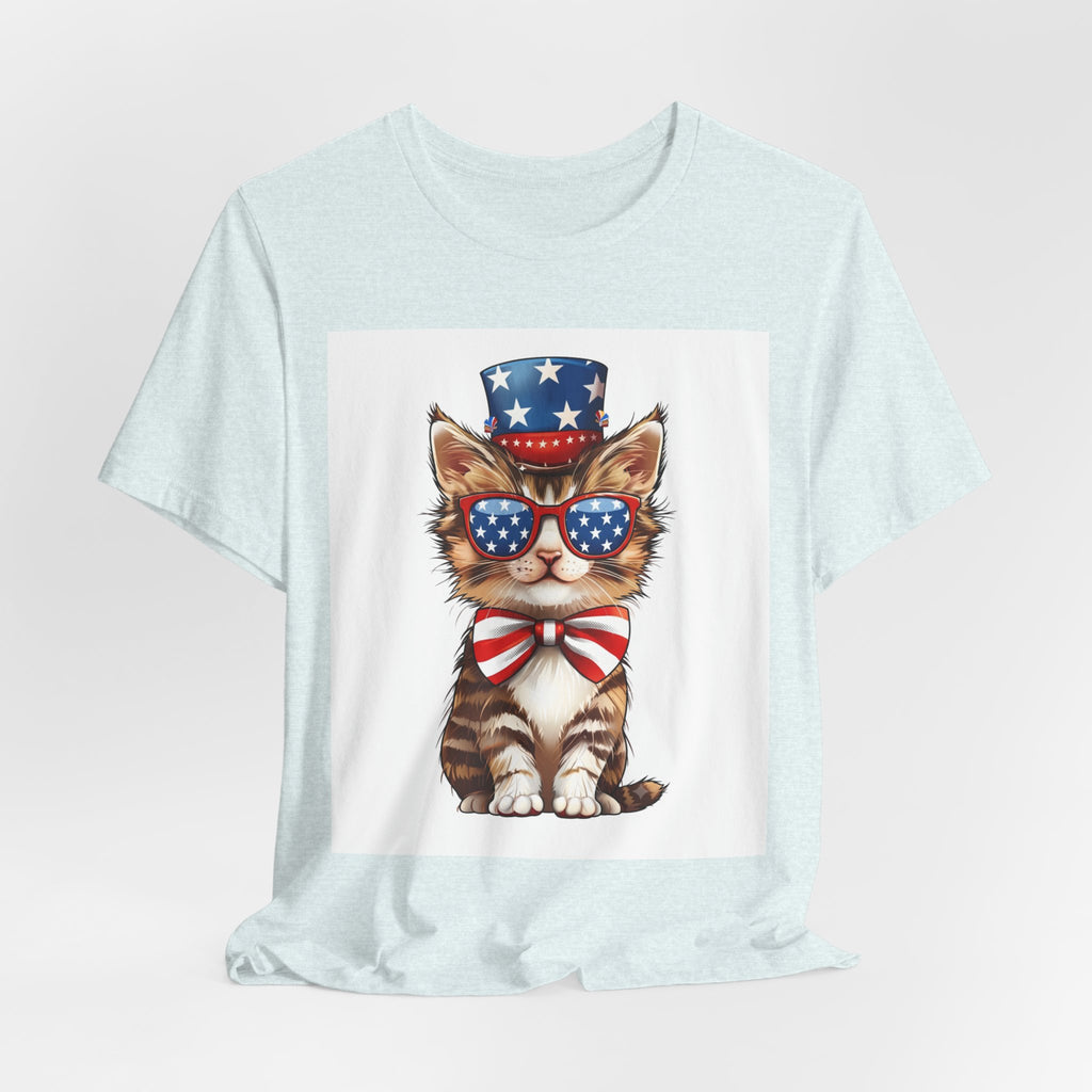 Patriotic Kitty Tee — American Flag Cat with Sunglasses & Bow