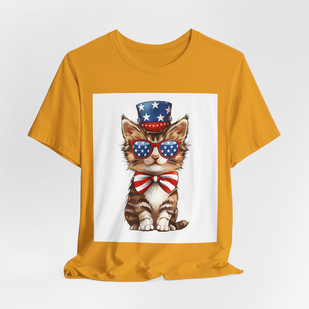 Patriotic Kitty Tee — American Flag Cat with Sunglasses & Bow