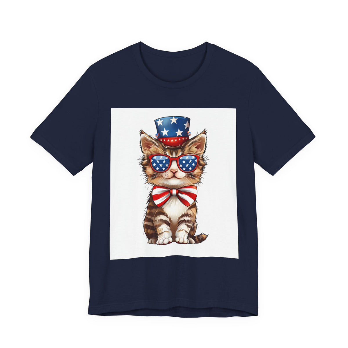 Patriotic Kitty Tee — American Flag Cat with Sunglasses & Bow