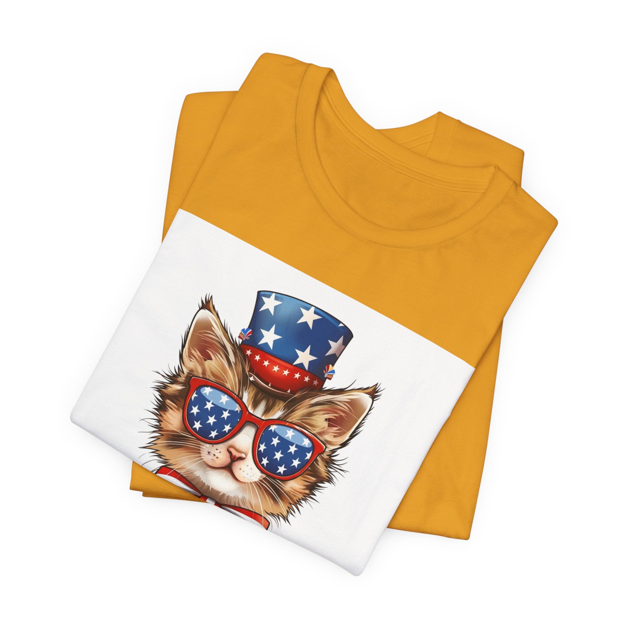Patriotic Kitty Tee — American Flag Cat with Sunglasses & Bow