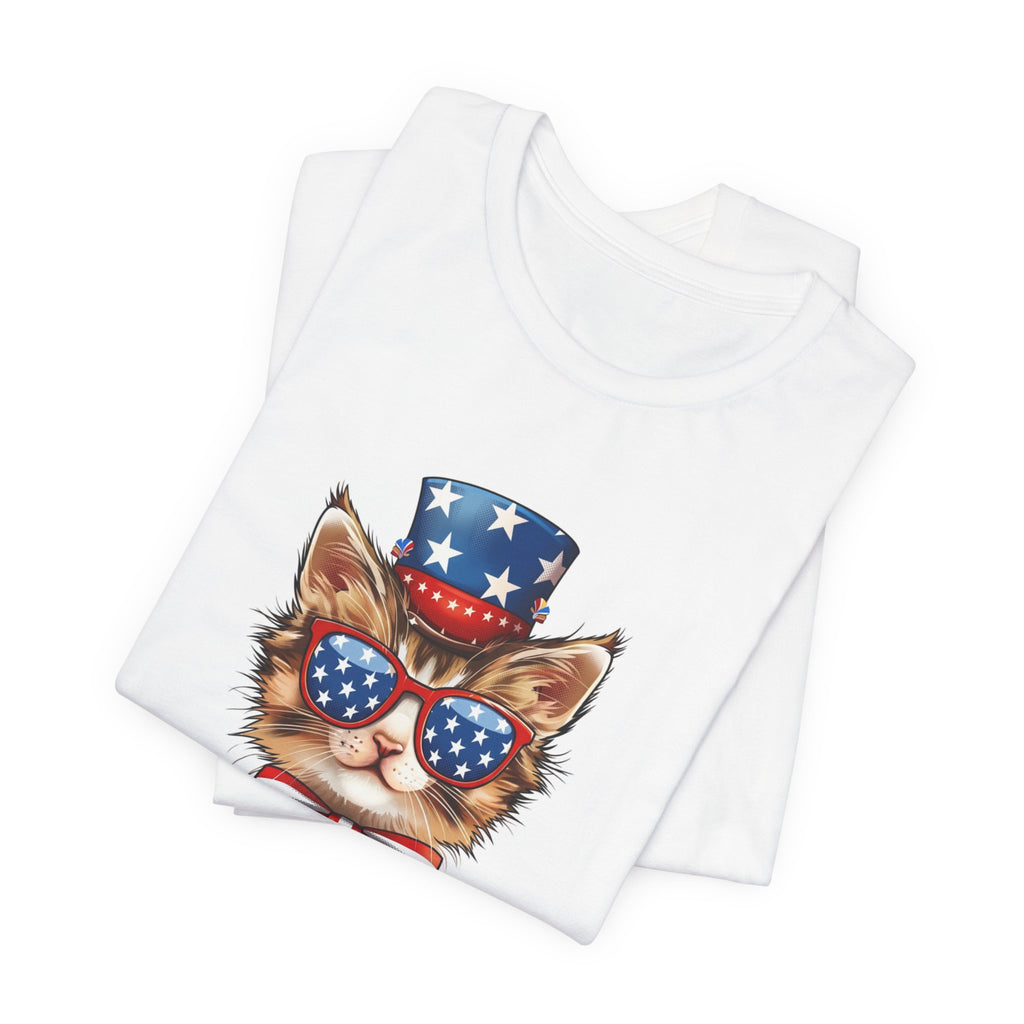 Patriotic Kitty Tee — American Flag Cat with Sunglasses & Bow