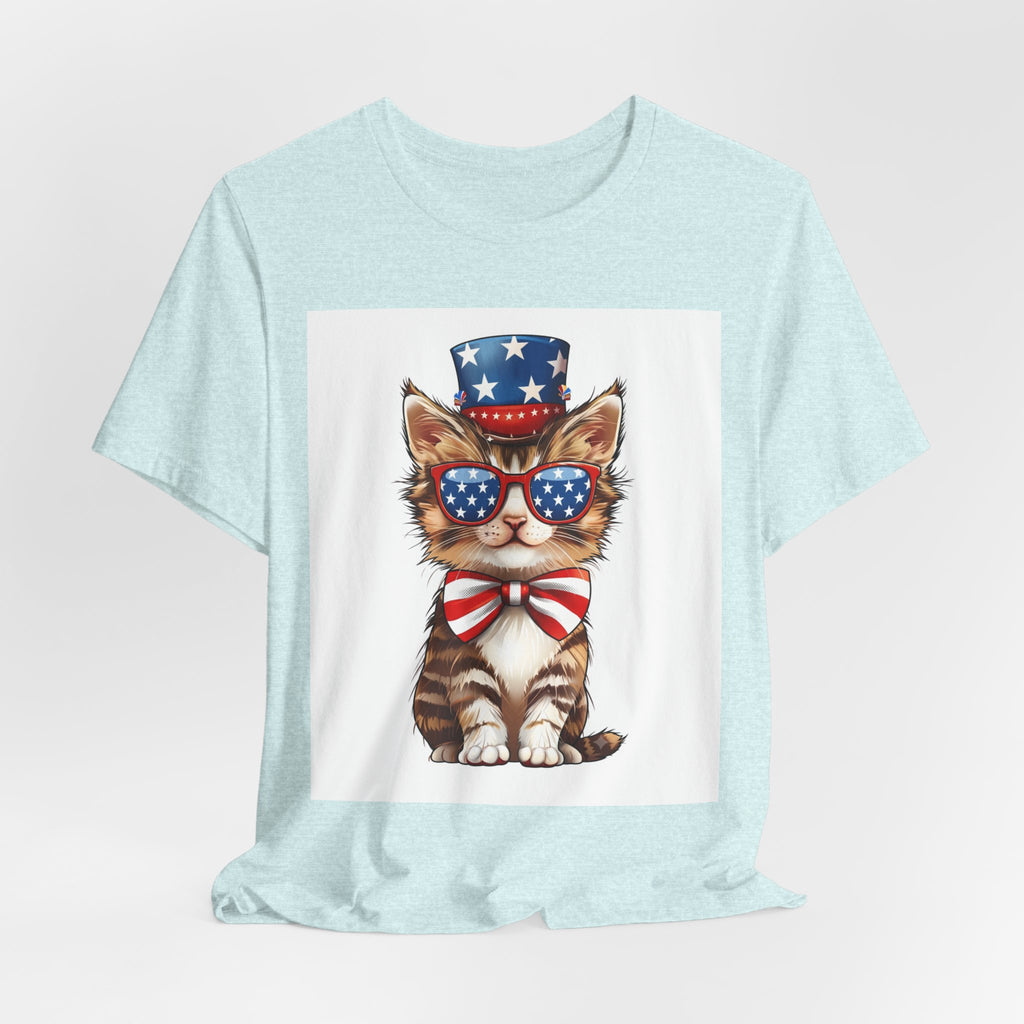 Patriotic Kitty Tee — American Flag Cat with Sunglasses & Bow