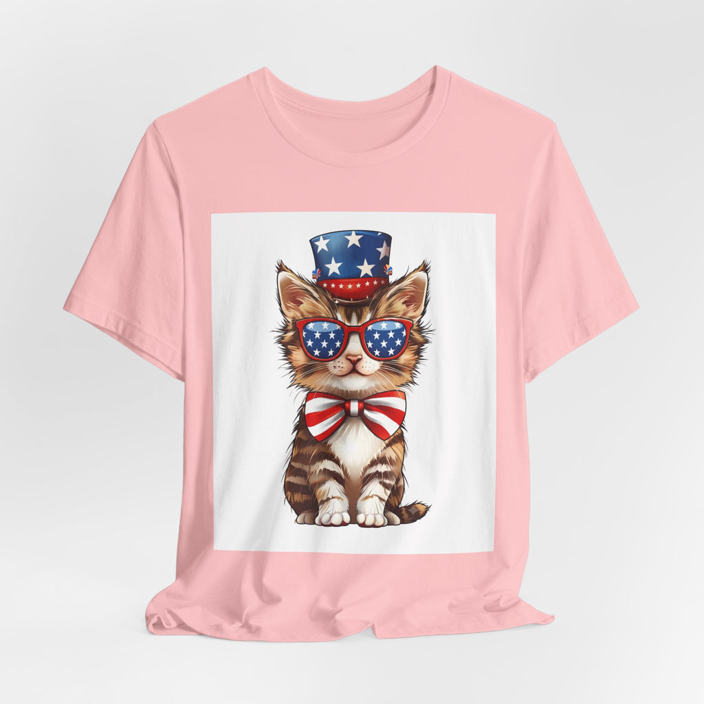 Patriotic Kitty Tee — American Flag Cat with Sunglasses & Bow