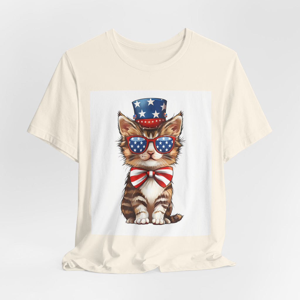Patriotic Kitty Tee — American Flag Cat with Sunglasses & Bow
