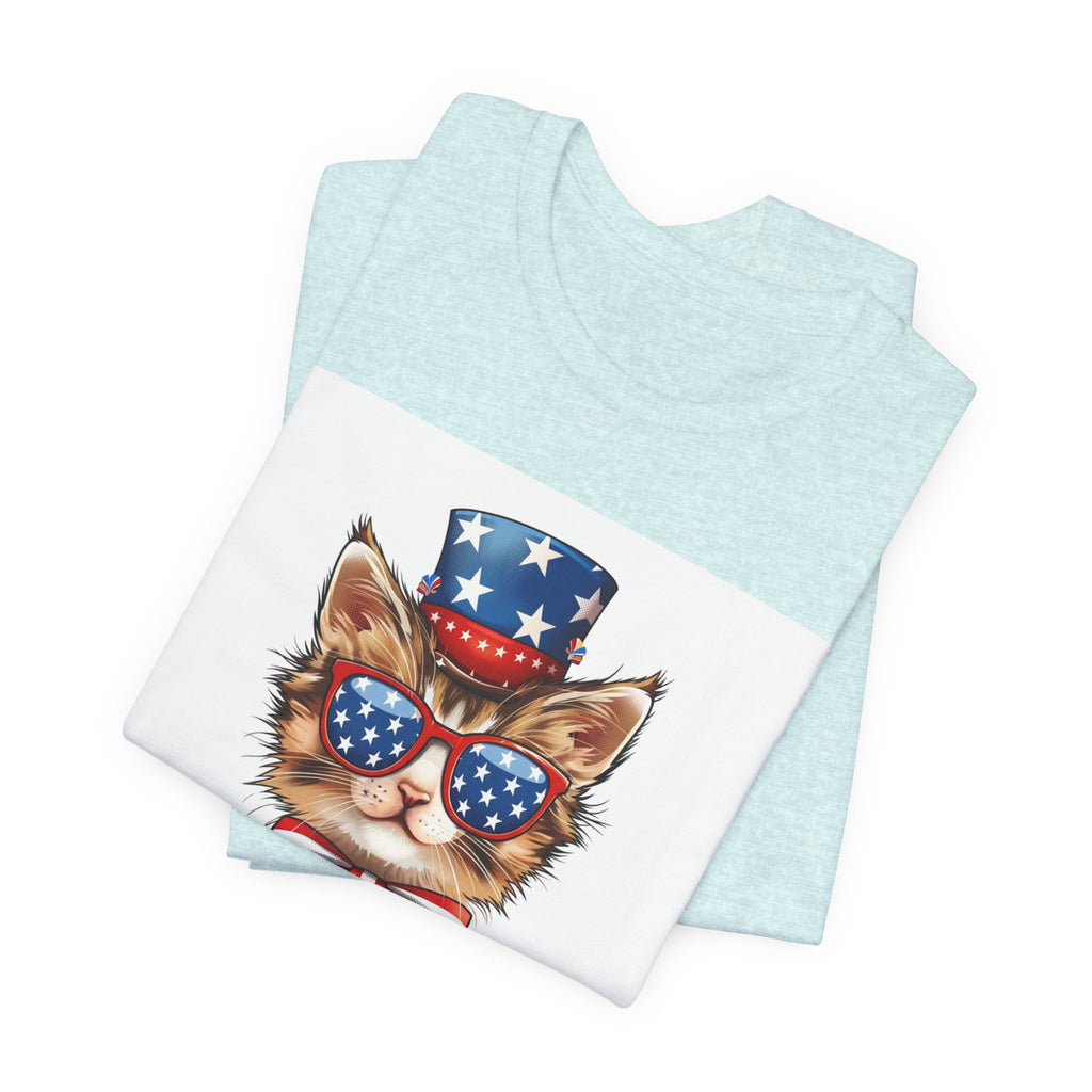 Patriotic Kitty Tee — American Flag Cat with Sunglasses & Bow