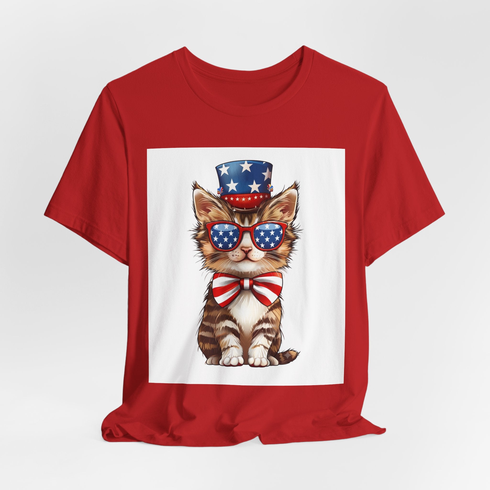 Patriotic Kitty Tee — American Flag Cat with Sunglasses & Bow