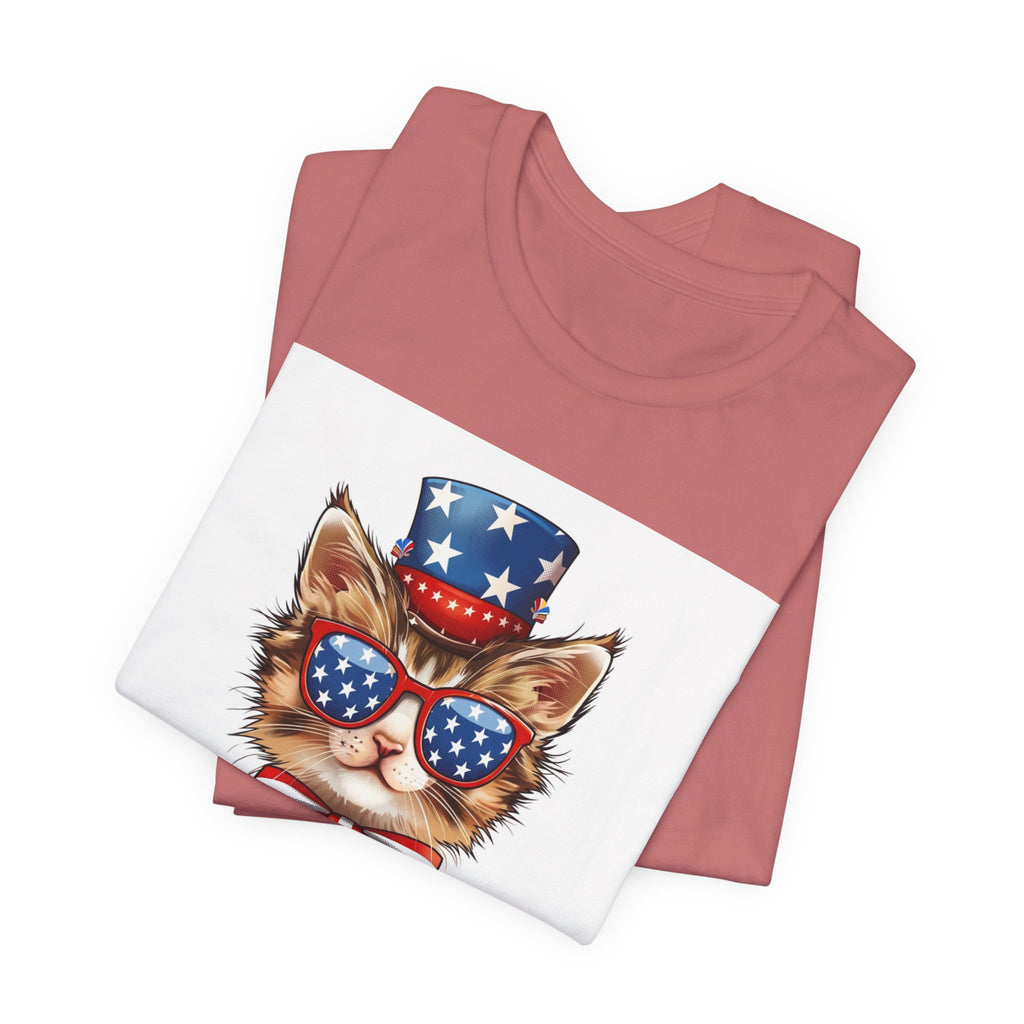 Patriotic Kitty Tee — American Flag Cat with Sunglasses & Bow