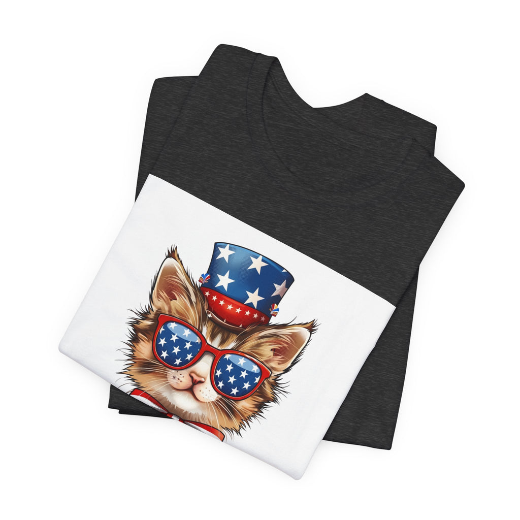 Patriotic Kitty Tee — American Flag Cat with Sunglasses & Bow