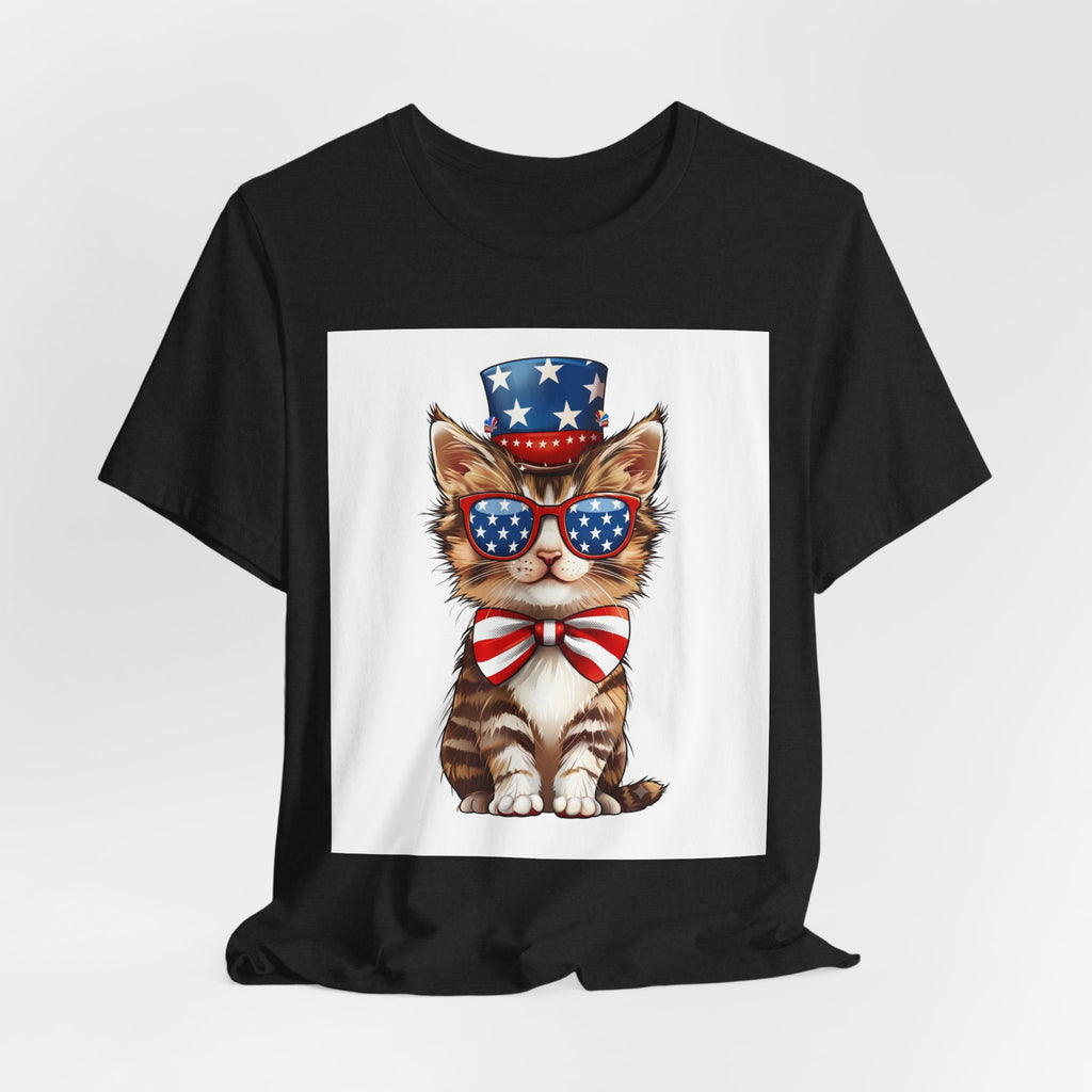Patriotic Kitty Tee — American Flag Cat with Sunglasses & Bow