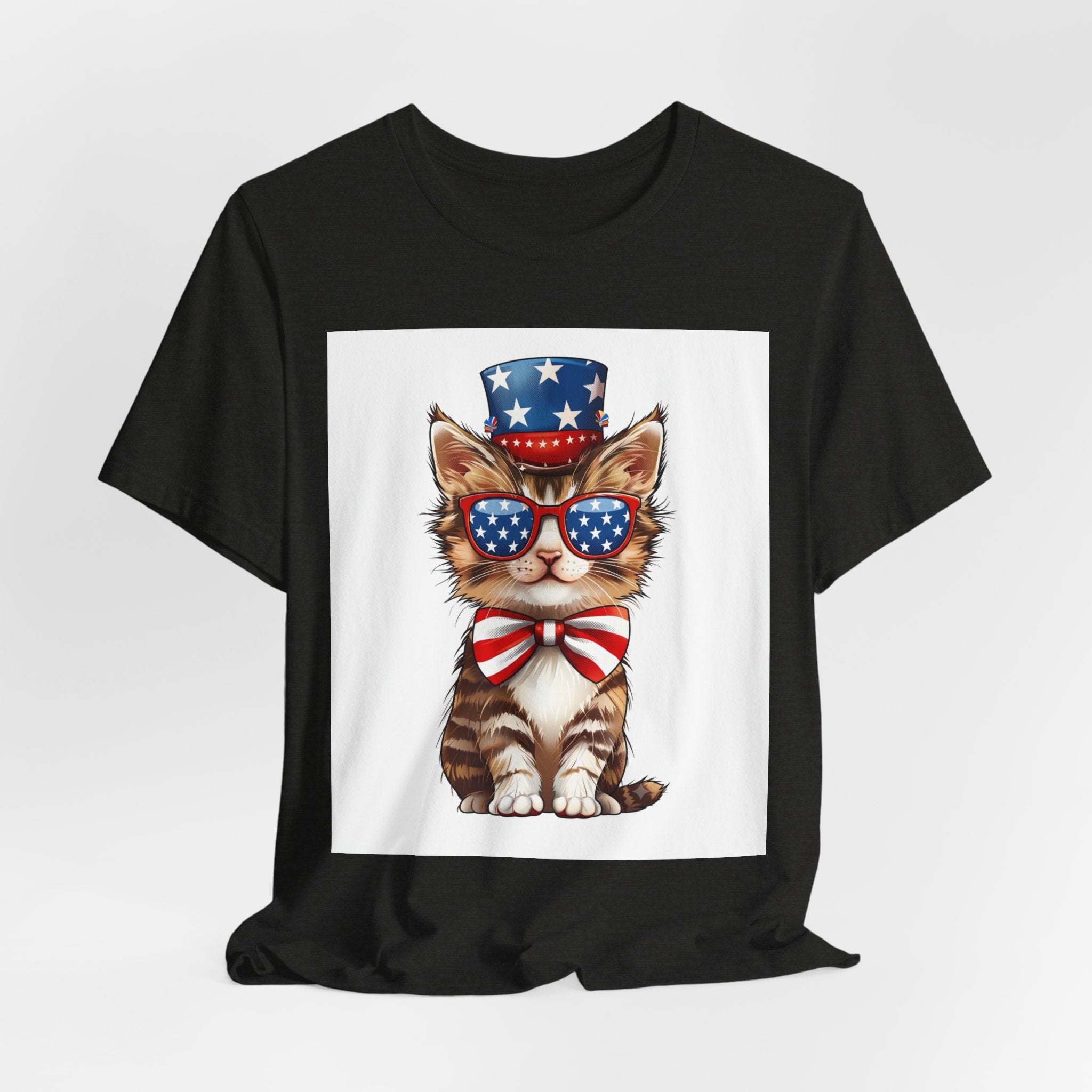 Patriotic Kitty Tee — American Flag Cat with Sunglasses & Bow