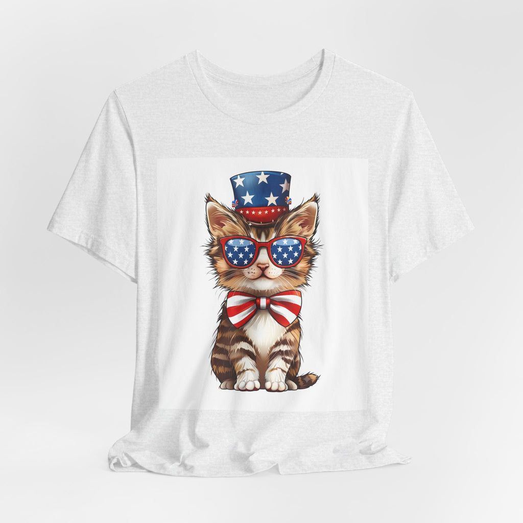 Patriotic Kitty Tee — American Flag Cat with Sunglasses & Bow