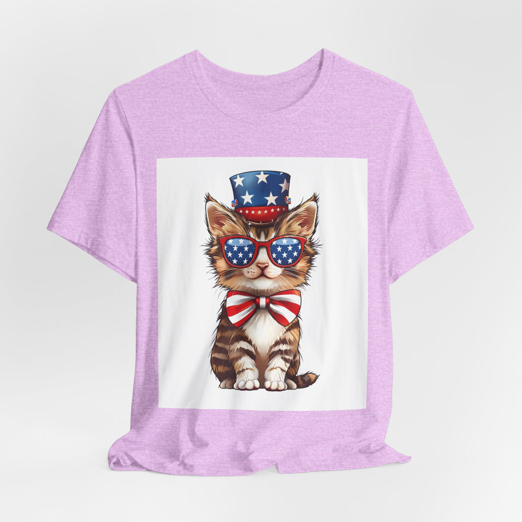 Patriotic Kitty Tee — American Flag Cat with Sunglasses & Bow