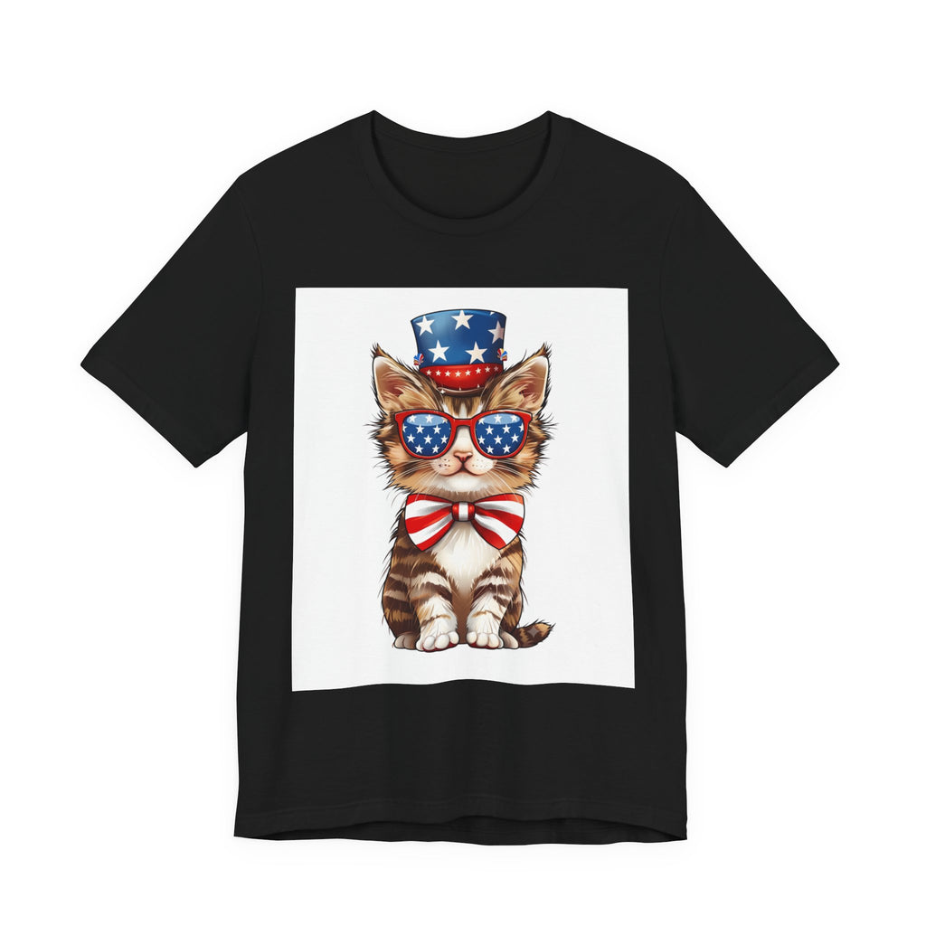 Patriotic Kitty Tee — American Flag Cat with Sunglasses & Bow