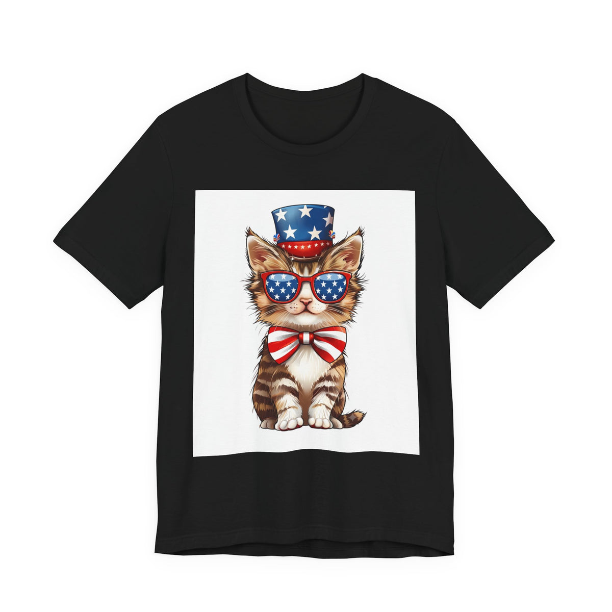 Patriotic Kitty Tee — American Flag Cat with Sunglasses & Bow