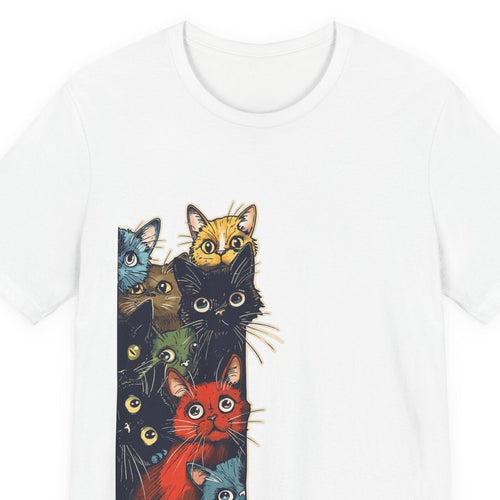 Close-up of the Cat Stack print: tall column of painted cats peeking out from behind each other, on the White tee