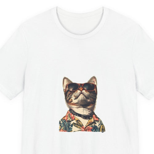 Close-up of the Cool Cat print: tabby cat in dark sunglasses and a floral Hawaiian shirt, on the White tee