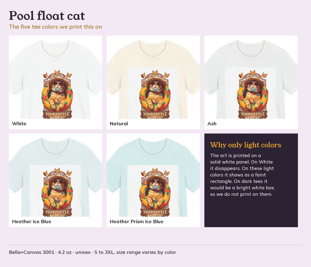 Your Little Magic Cat in a Pool Float T-Shirt in all 5 colors side by side: White, Natural, Ash, Heather Ice Blue, Heather Prism Ice Blue