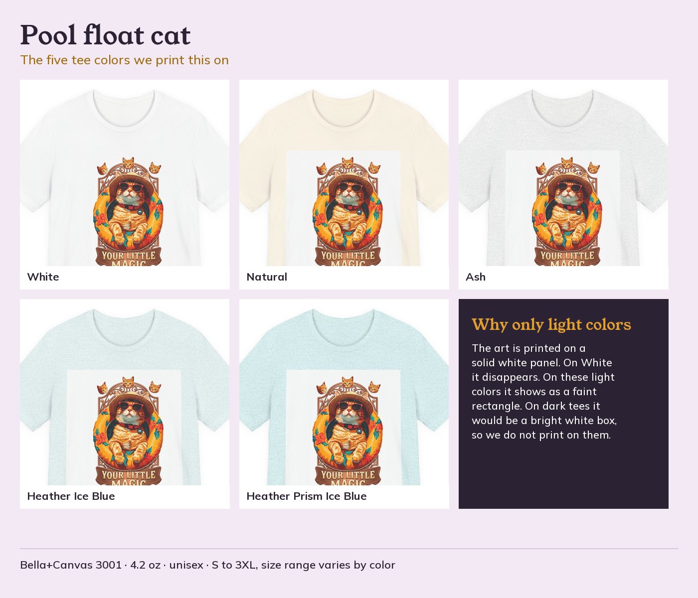 Your Little Magic Cat in a Pool Float T-Shirt in all 5 colors side by side: White, Natural, Ash, Heather Ice Blue, Heather Prism Ice Blue