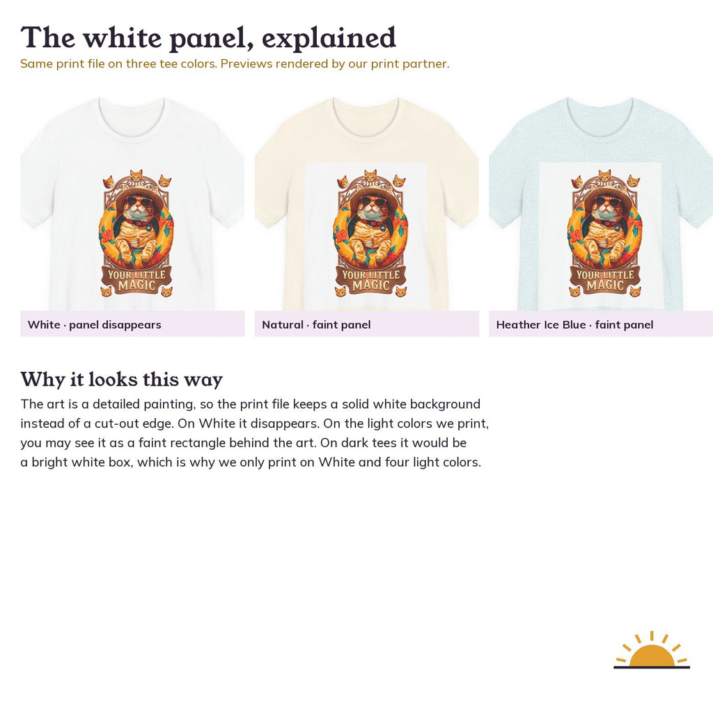 Your Little Magic Cat in a Pool Float T-Shirt: the same print on White, Natural, and Heather Ice Blue tees showing the faint white panel behind the art