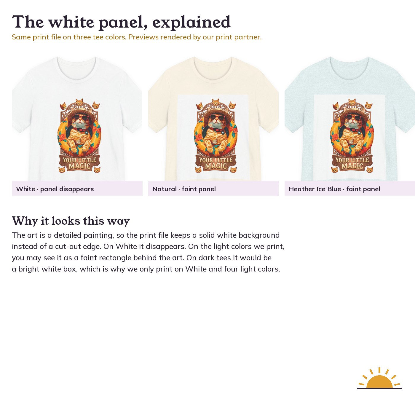 Your Little Magic Cat in a Pool Float T-Shirt: the same print on White, Natural, and Heather Ice Blue tees showing the faint white panel behind the art