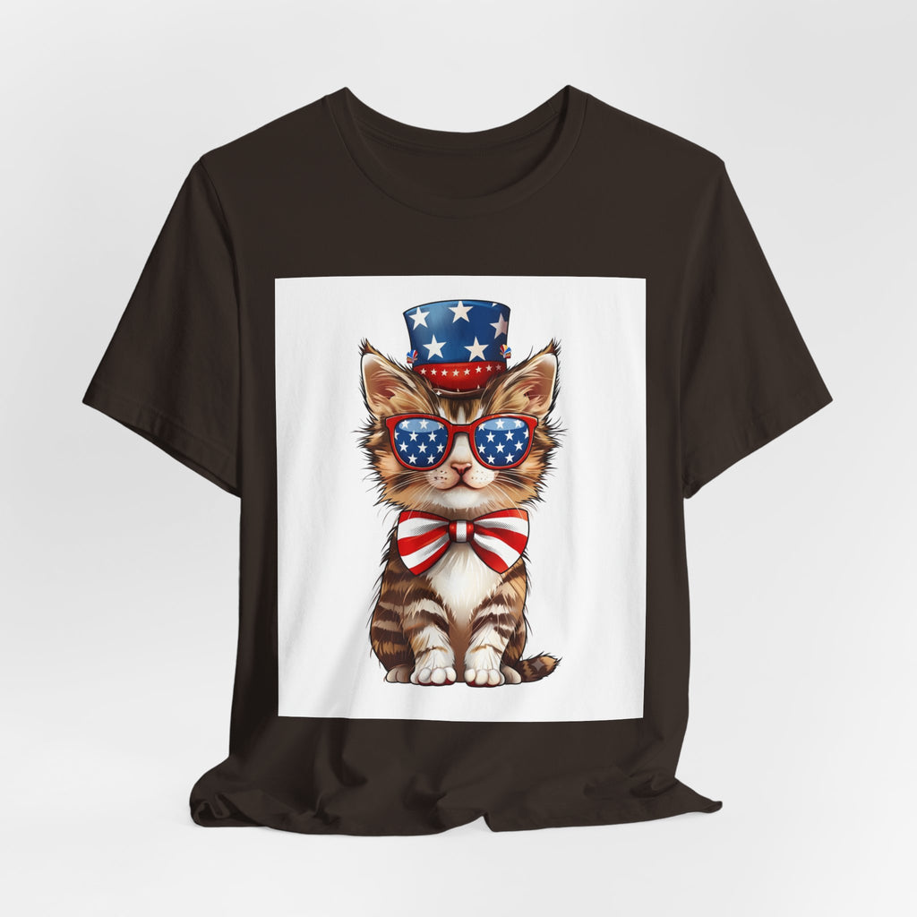 Patriotic Kitty Tee — American Flag Cat with Sunglasses & Bow
